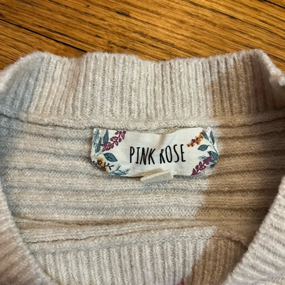 Pink Rose Ribbed Knit Top in Cream